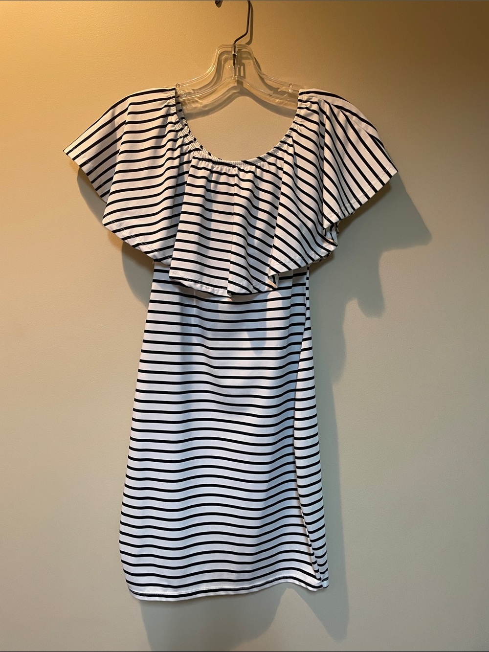 Striped Strapless or Off-Shoulder Flutter Dress in White and Black